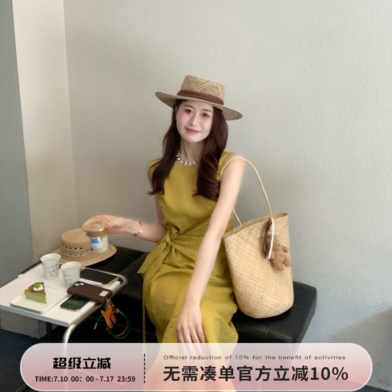 Echoone Chill bloom亚麻绑带设计连衣裙优雅气质无袖背心长裙