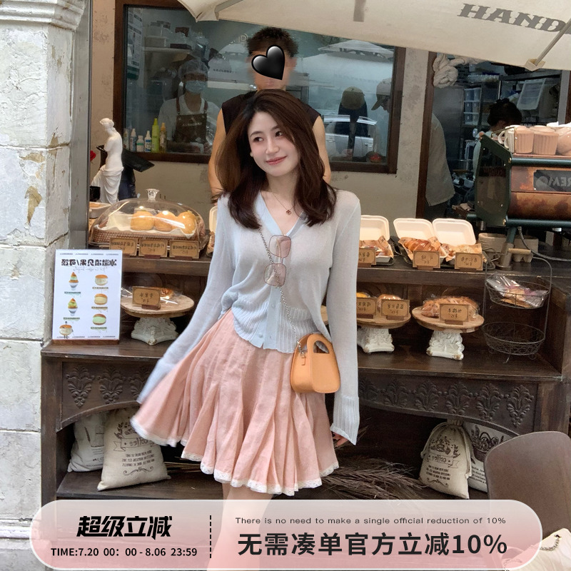 Echoone Cherry blossom  苎麻蕾丝花边大摆伞裙女高腰显腿长半裙