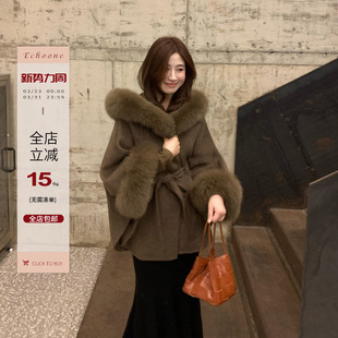 Echoone 北海道初雪 狐狸毛领连帽双面羊毛大衣慵懒短款毛呢外套