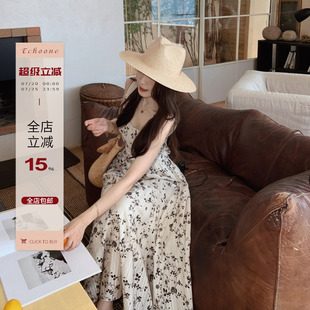 Echoone 墨枝白茶 素雅法式收腰绑带连衣裙子女优雅气质吊带长裙
