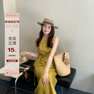 Echoone Chill bloom亚麻绑带设计连衣裙优雅气质无袖背心长裙