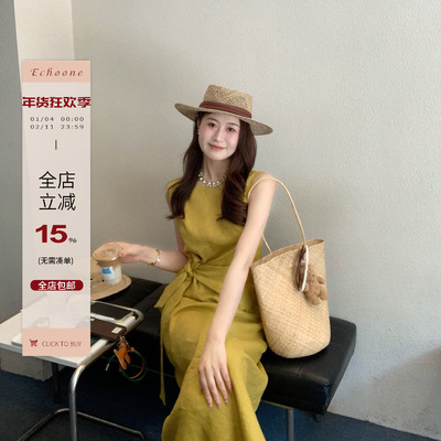 Echoone100亚麻绑带连衣裙