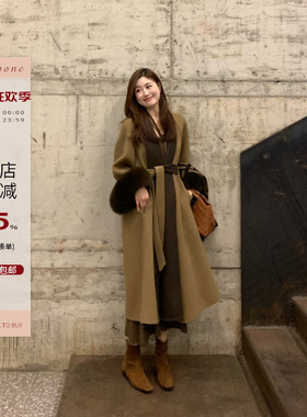 Echoone 雪松与晚风 双面羊毛撞色狐狸毛腰带大衣冬长款毛呢外套