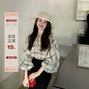 Echoone 流素 黑白格纹苎麻灯笼袖上衣女夏松弛感气质V领长袖衬衫