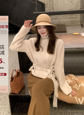 Echoone  Green party 全羊毛绑带立领毛衣女设计感百搭针织上衣