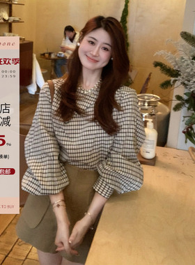 Echoone 格纹主义 小众设计感灯笼袖短款格子衬衣上衣设计感衬衫