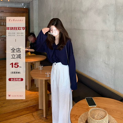 Echoone100亚麻设计感松紧长裤