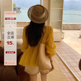 Echoone 半夏 苎麻重工娃娃衫女春夏季新款韩版洋气减龄长袖上衣