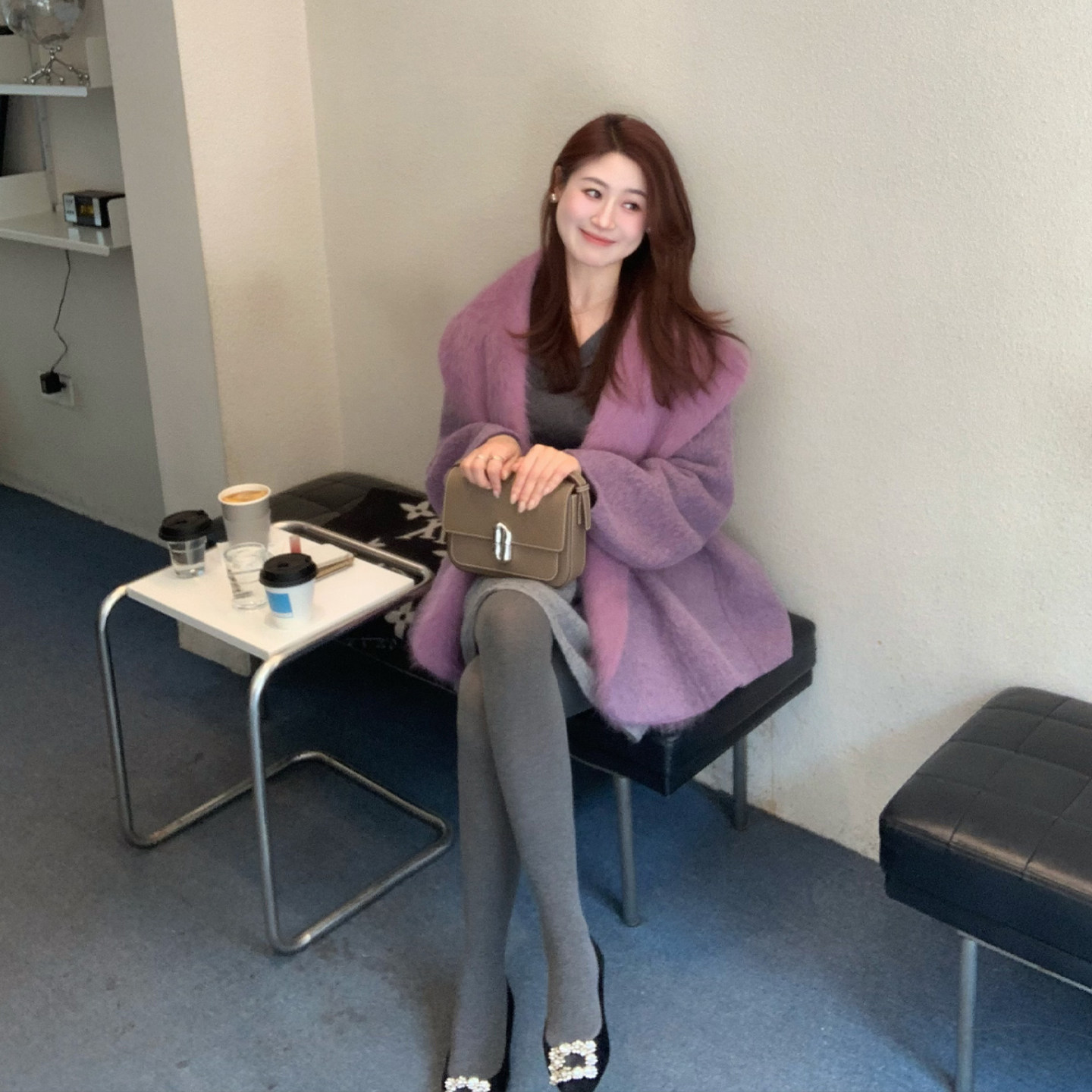 Echoone purple muse 拉毛双面尼苏力羊毛大衣紫色毛呢短外套