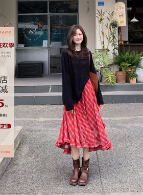 Echoone Barney 红色格纹中长款半身裙黑色罩衫精致优雅气质套装