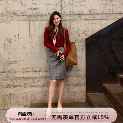Echoone 小小女人味 朱樱红毛衣植绒波点半身裙女复古时髦两件套