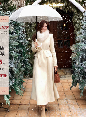 Echoone 初雪 狐狸毛领双面羊毛正肩腰带气质高级感毛呢大衣外套