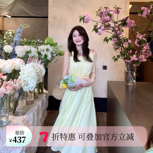 亚麻显白慵懒领口手工扭结连衣裙