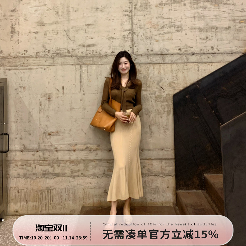 Echoone 人鱼小姐 不规则鱼尾半身裙秋季女人味优雅气质针织长裙