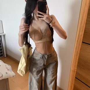 Itt7 蕾丝吊带背心女性感镂空连体衣美式 复古宽松休闲破洞阔腿裤