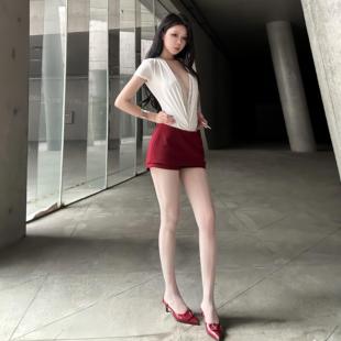 Itt7 纯欲性感蕾丝拼接v领连体衣辣妹修身 百搭显瘦正肩T恤女夏季