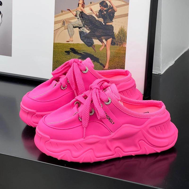 香港真皮包头半拖鞋女外穿2025春款松糕厚底懒人无后跟休闲老爹鞋