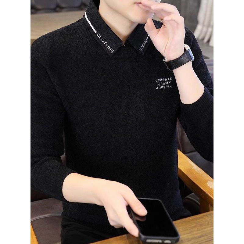 水貂绒毛衣男衬衫领2025新款韩版潮流修身休闲假两件针织衫打底衫