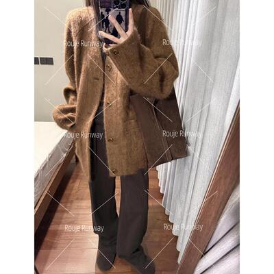 法式Rouje Runway覆古美拉德v领毛呢外套秋冬休闲中长款呢子大衣