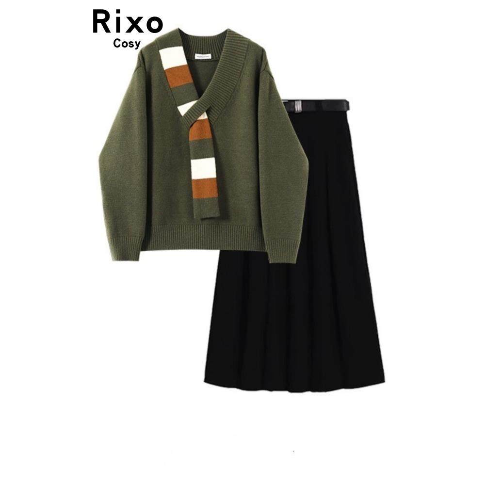 RIXO COSY拼接条纹设计感毛衣秋冬高腰百褶半身裙学院风套装