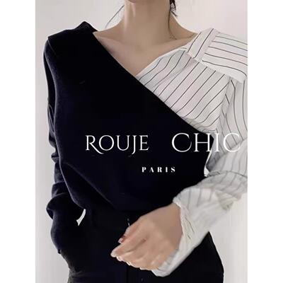 法国Rouje Chic法式设计感小众条纹衬衫拼接V领毛衣露肩针织衫女