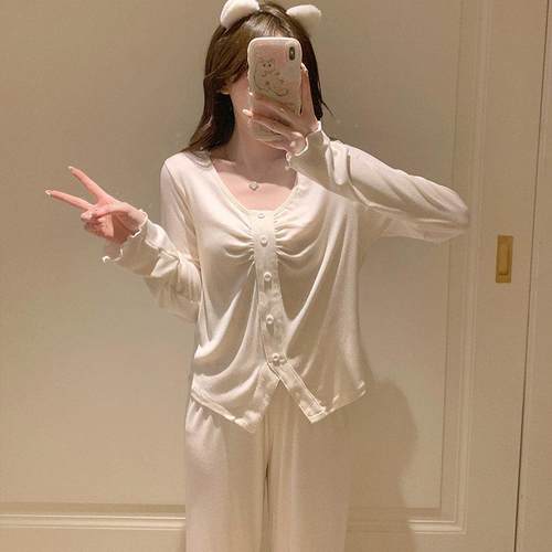 聆雪迢迢忆！！Orange Sea！法式甜美莫代尔睡衣女春秋带胸垫套装