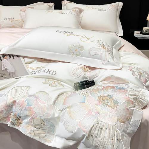 A类高级感长绒棉四件套全棉被套纯棉床单床笠高支数轻奢床上用品4