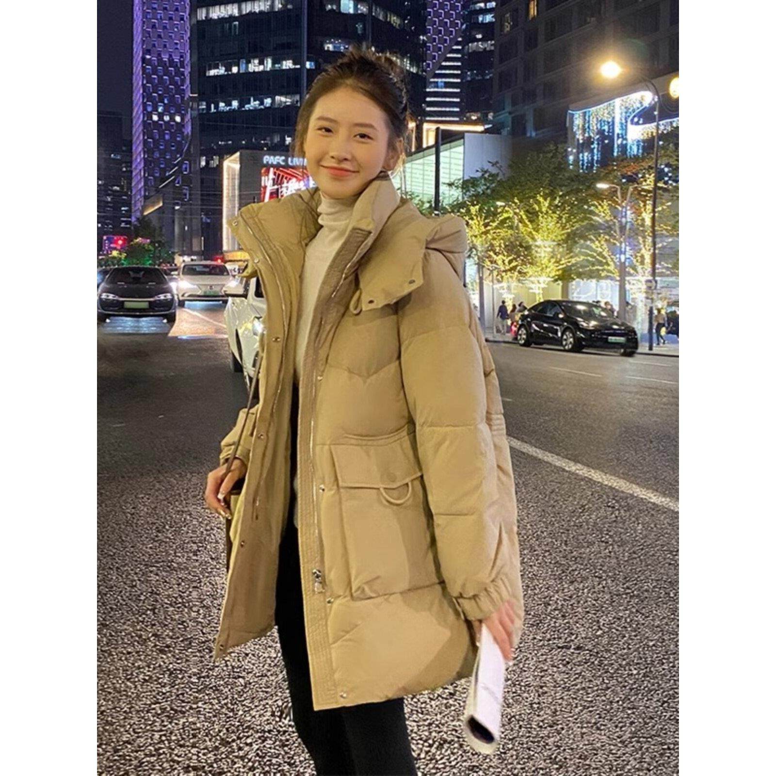 妤朵丽茉小个子中长款连帽羽绒服女2025冬季款韩版加厚白鸭绒外套