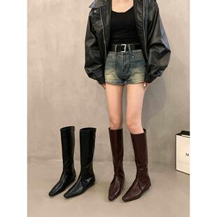 潮牌内增高尖头棕色美拉德长靴女鞋2025新款春秋季黑色瘦瘦单靴子