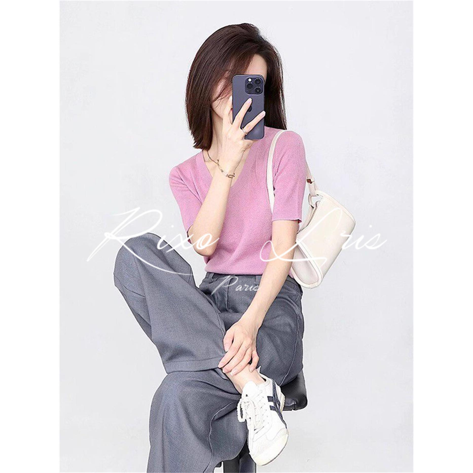 RIXO LRIS法式粉色冰丝针织衫v领短袖t恤女新款夏季休闲裤两件套