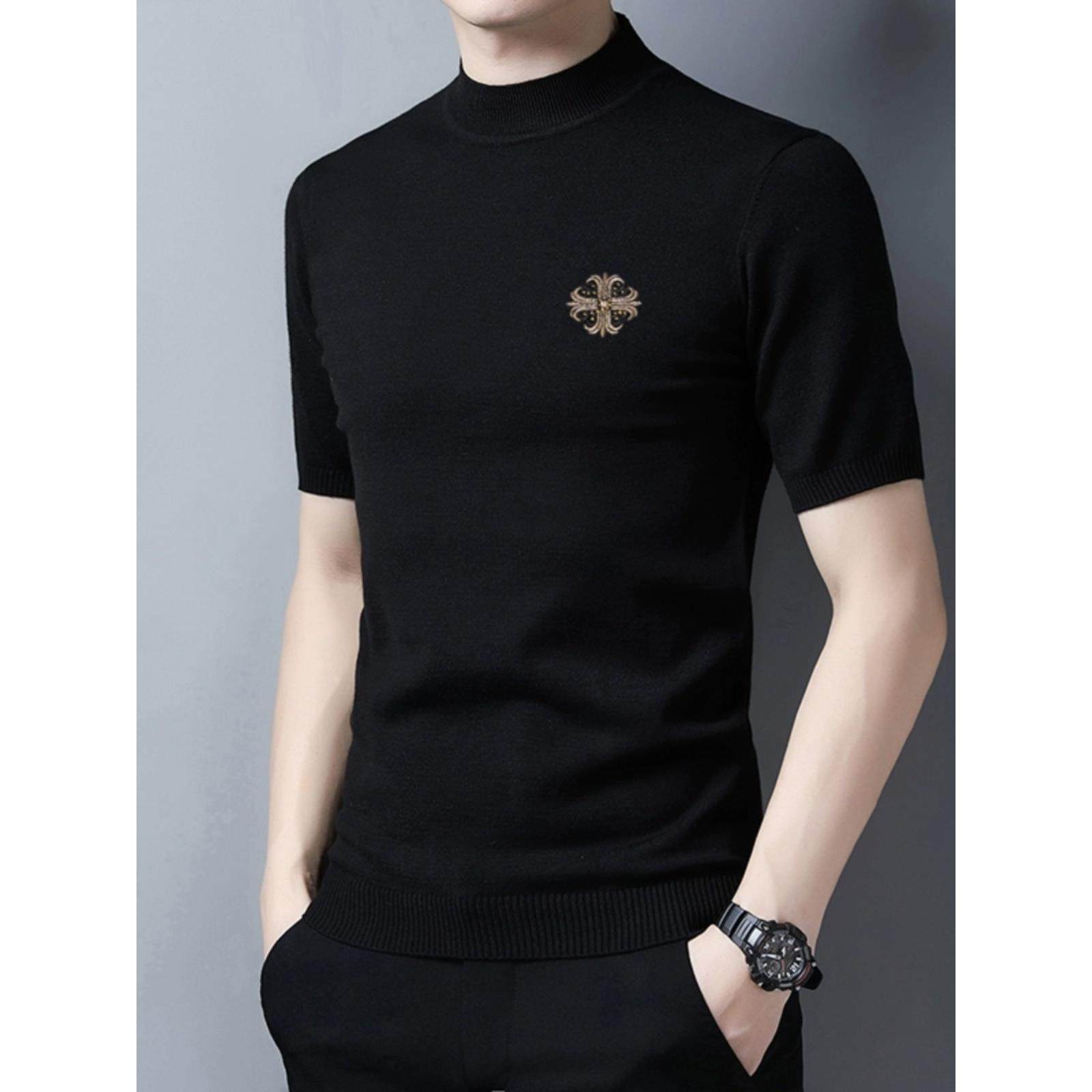 高端刺绣针织短袖毛衣男潮流修身秋冬半袖羊毛衫半高领针织衫线衣
