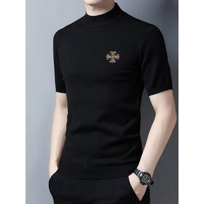 高端刺绣针织短袖毛衣男潮流修身秋冬半袖羊毛衫半高领针织衫线衣