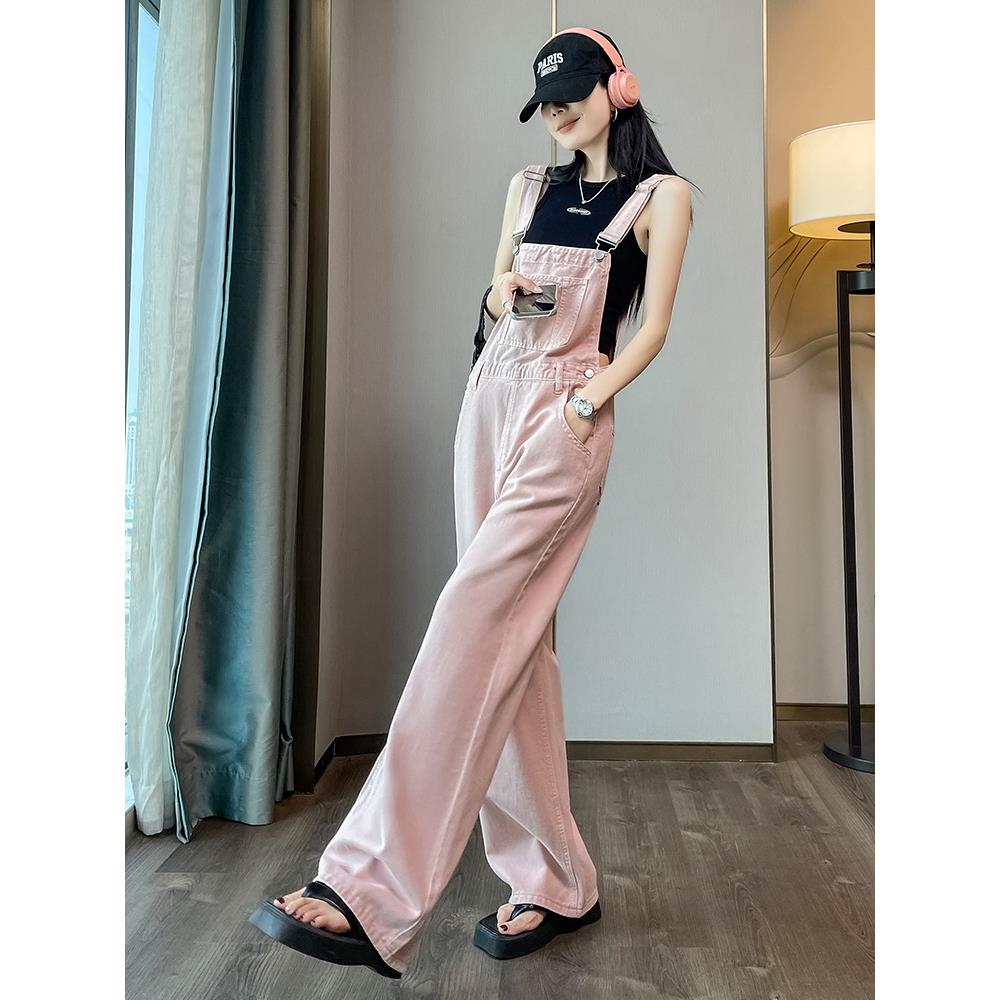 明星同款粉色牛仔背带裤女2025春夏新款宽松阔腿连体裤