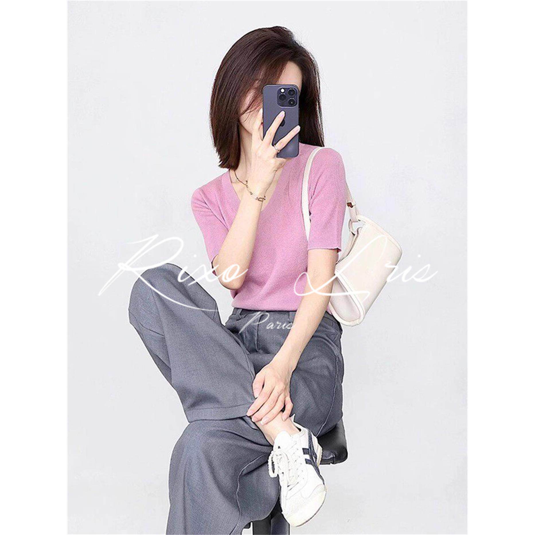 RIXO LRIS法式粉色冰丝针织衫v领短袖t恤女新款夏季休闲裤两件套
