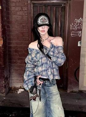 法国Rixo Kelly覆古扎染蓝色格纹设计感气质衬衫露肩显瘦百搭上衣