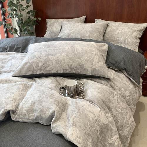 复古轻奢高级感色织双层纱四件套纯棉全棉大提花灰色被套床上用品