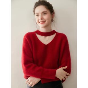 设计师款软糯挂脖V领山羊绒衫女长袖针织打底衫气质羊毛套头上衣