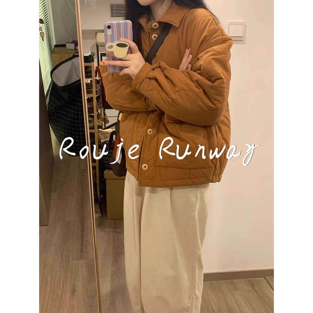 法式Rouje Runway秋冬季小众菱格设计感女士棉衣宽松焦糖色羽绒服