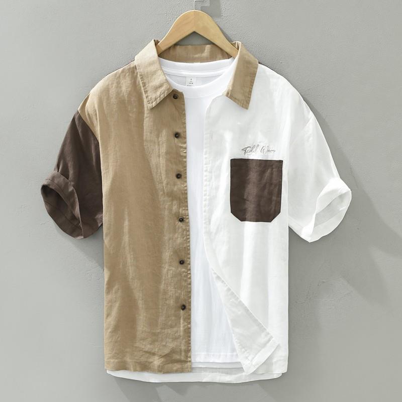 Home Daily~日系纯亚麻短袖T恤男士休闲 棉麻流拼色痞帅衬衫T恤男