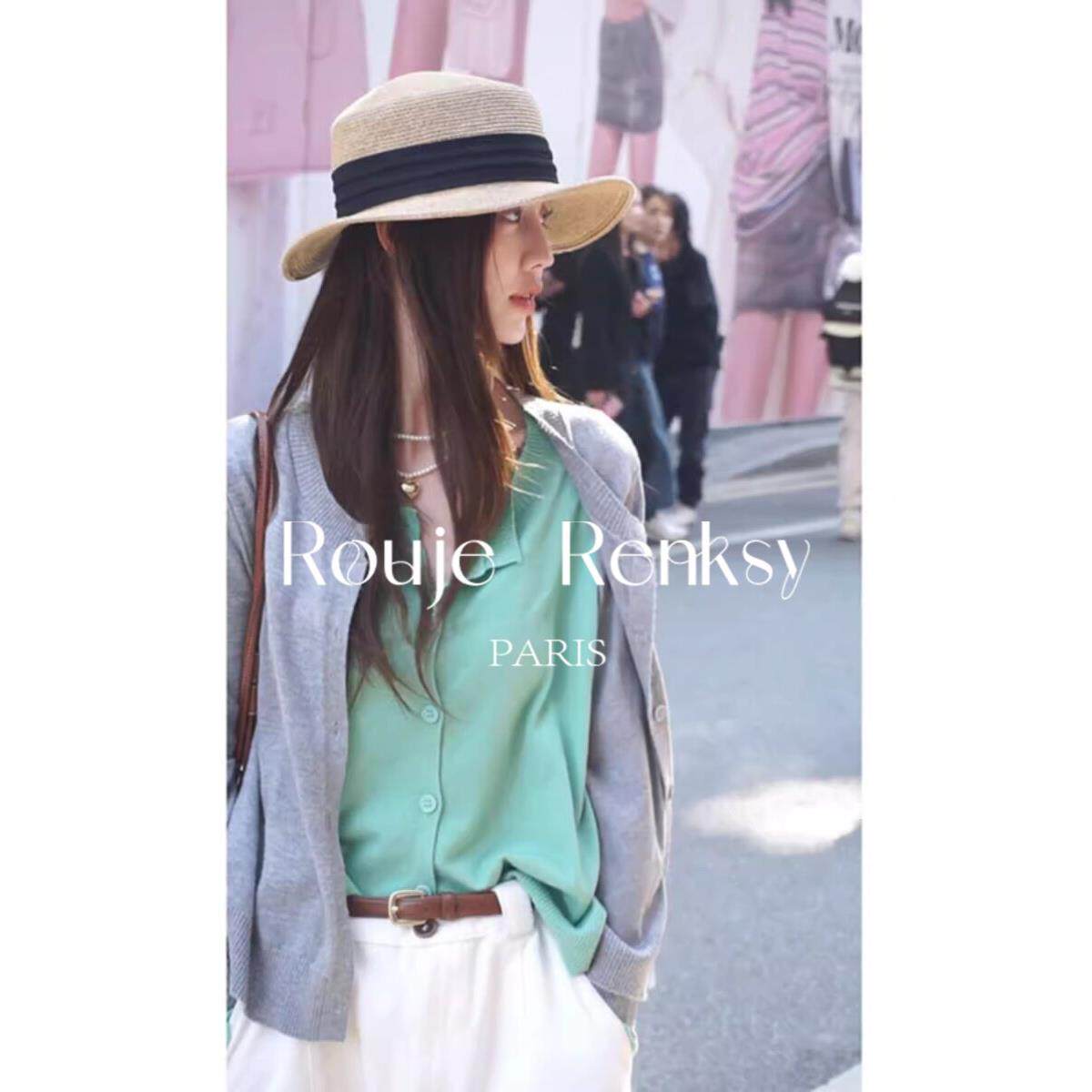 法国rouje renksy秋冬季拼色设计感假两件羊毛针织开衫减龄上衣女