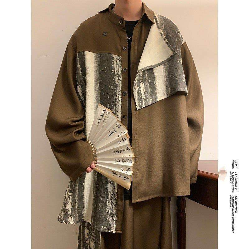 コーデイの潮牌日系扎染衬衫男秋季不规则男装设计感拼接长袖衬衣,男装,秀禾服,淘宝优惠券,粉丝福利购,淘宝优惠卷