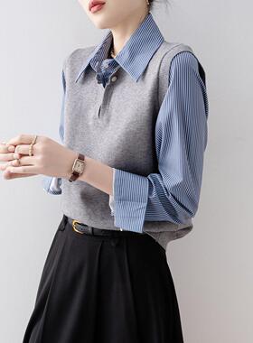 Canary Kiss假两件条纹长袖衬衫女春夏宽松翻领针织拼接气质上衣