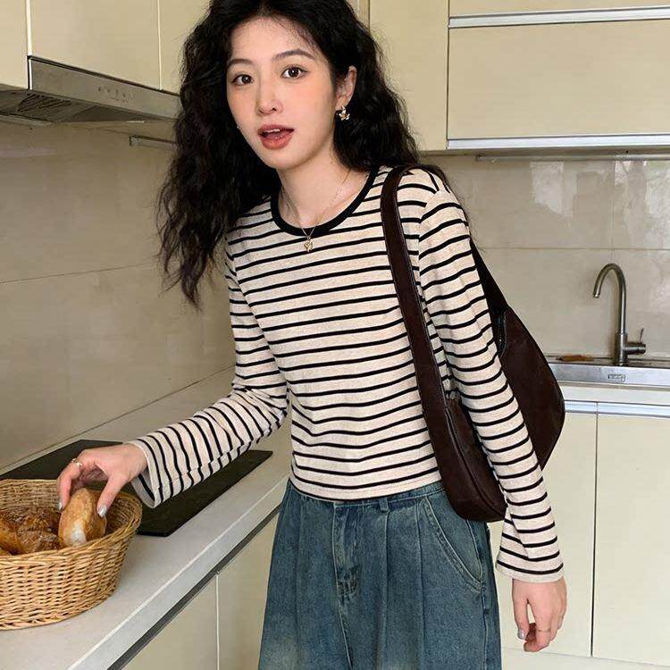 法式Rixo Kelly圆领条纹长袖T恤打底衫女春季新款短款外穿小上衣