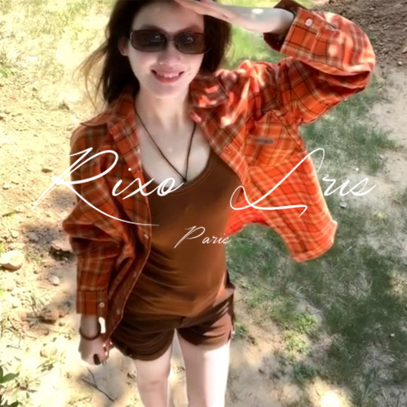 RIXO LRIS法式橙色格子衬衫外套女夏季新款宽松休闲防晒长袖上衣