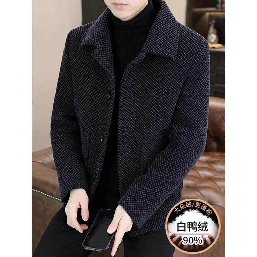 潮牌男士翻领毛呢羽绒服外套冬季鸭绒服加厚保暖短款时尚呢子大衣