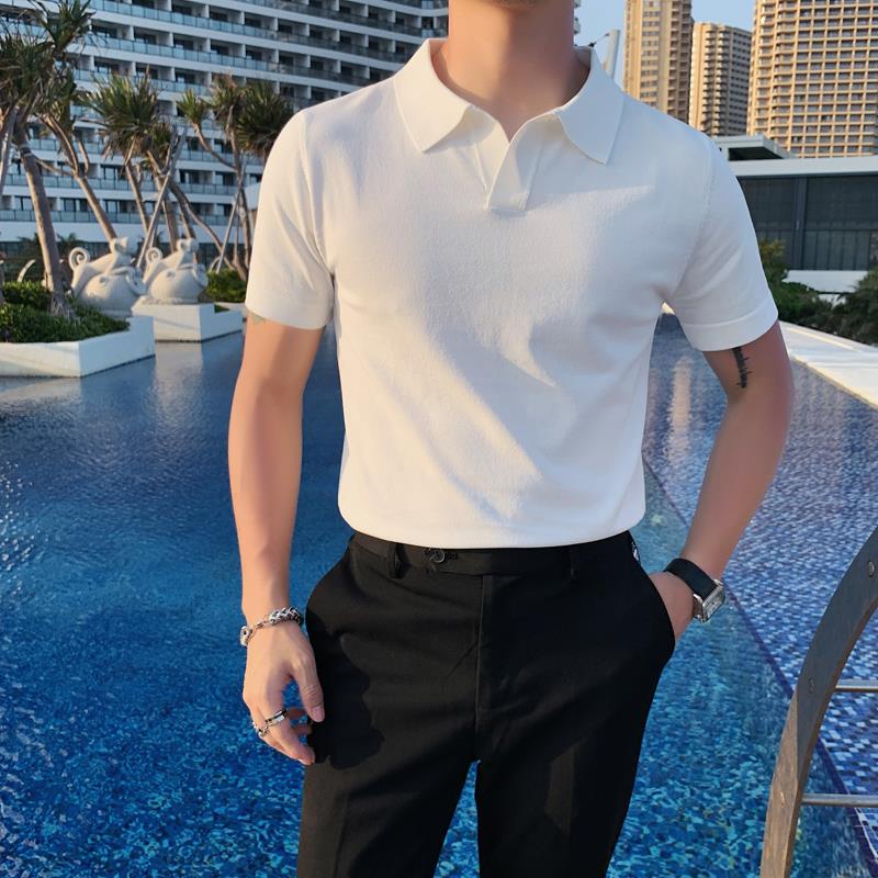 翻领polo衫男短袖夏季薄款针织冰丝t恤潮流高端修身白色男士体恤