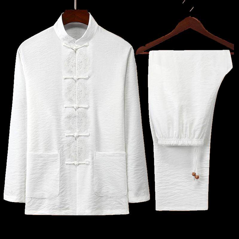 棉麻套装男夏季薄款唐装长袖长裤中国风覆古禅服中式刺绣休闲 汉