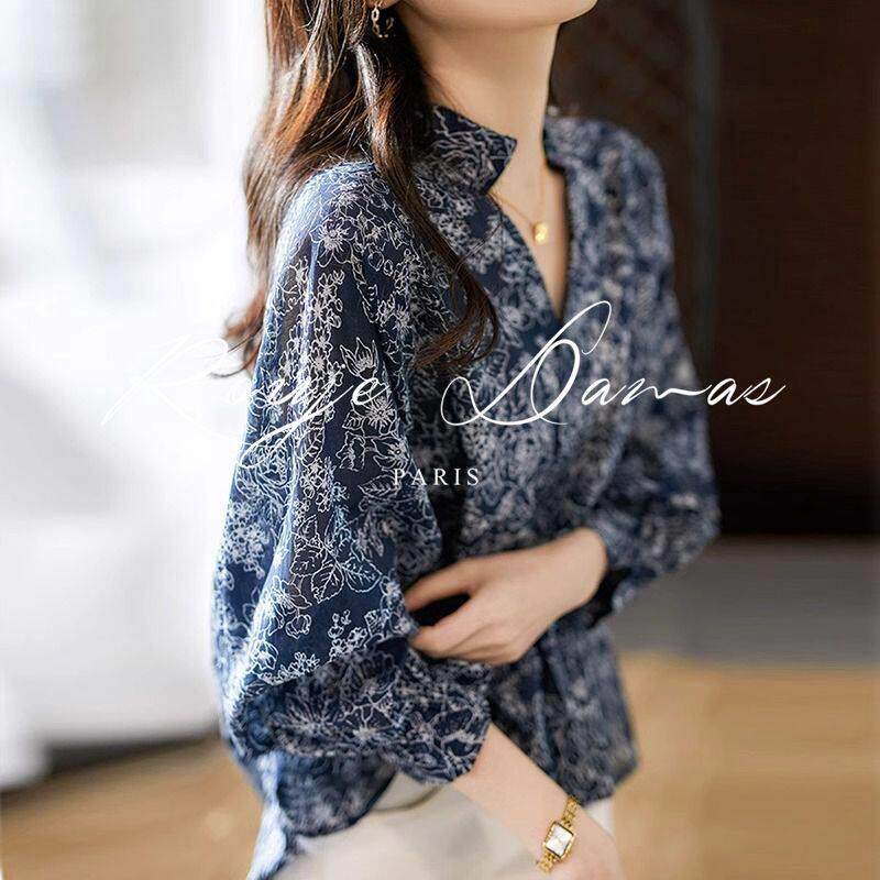 法国Rouje Damas复古小众洋气时尚V领上衣碎花灯笼袖七分袖衬衫女