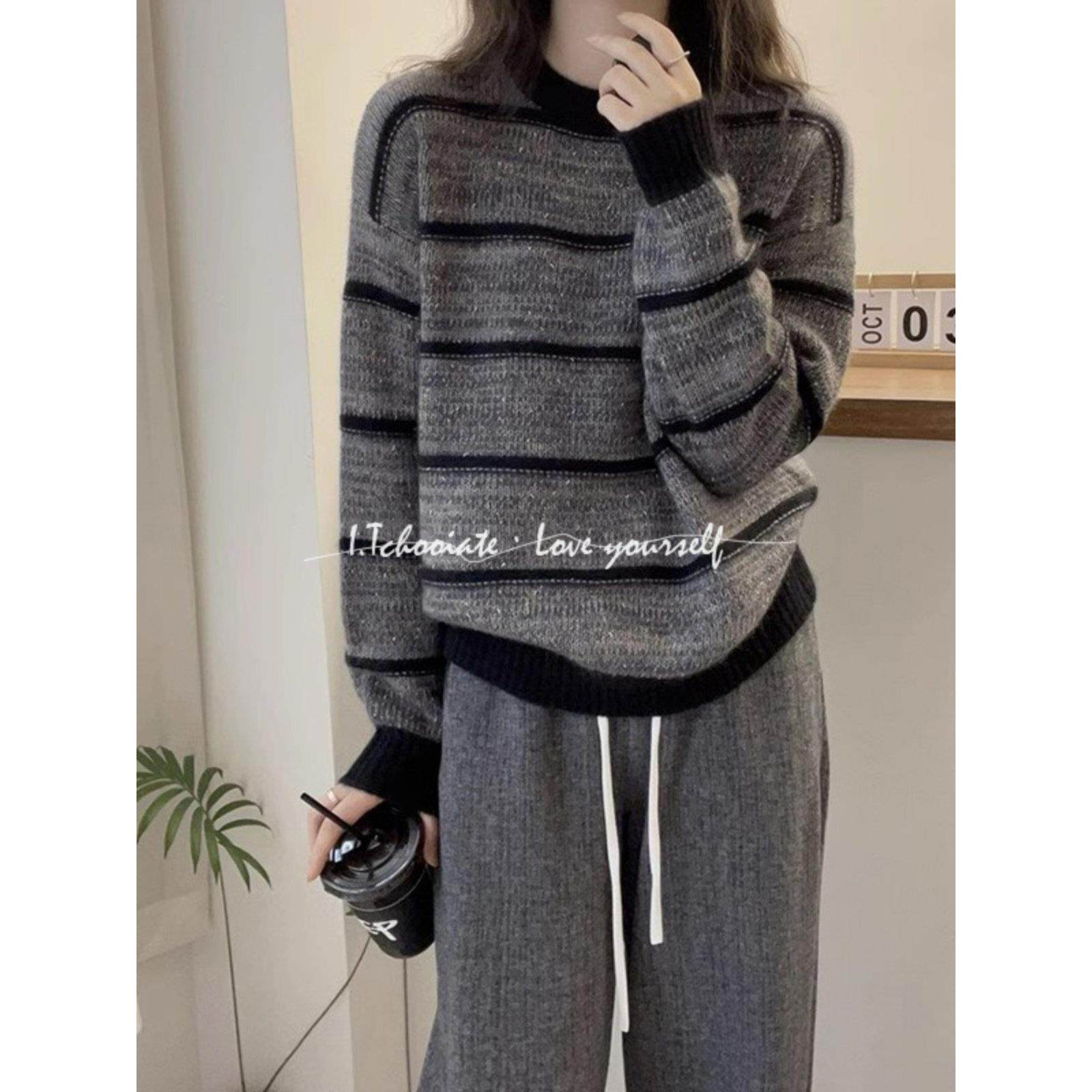 I.Tchooiate覆古针织衫撞色条纹秋款圆领套头长袖毛衣女覆古上衣,女装/女士精品,大码内搭,淘宝优惠券,粉丝福利购,淘宝优惠卷