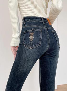 LILY MOST加绒蓝色牛仔裤女2025春秋冬季高腰弹力显瘦小脚九分裤